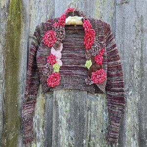 Y2K Shrug Cardigan Womens S Crochet flowers Fairy Cottage Grunge Boho Rave
